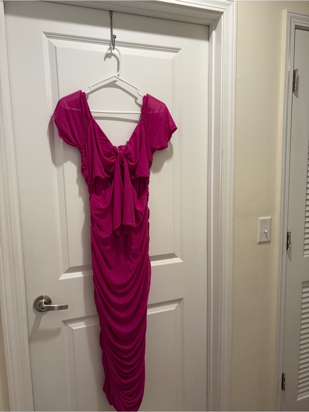 Fashion Nova Hot Pink Ruched Tie-Front Maxi Dress